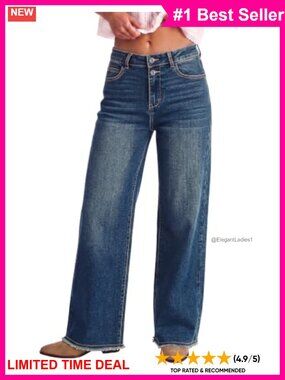 High Waisted Wide Leg Stretchy Denim Jeans Raw Hem 29.5 Inseam